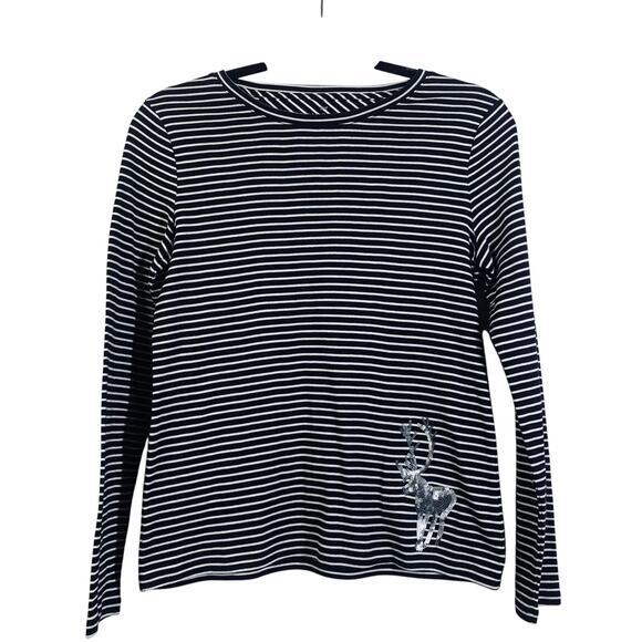 TALBOTS Top Shirt Blouse SP Striped Holiday Sequin‎ Reindeer Crew Neck Prima - Picture 1 of 11